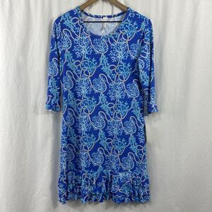 Lulu-B Ruffle Trim Blue Coral 3/4 Sleeve Dress Womens S Beach Resortwear UPF 50
